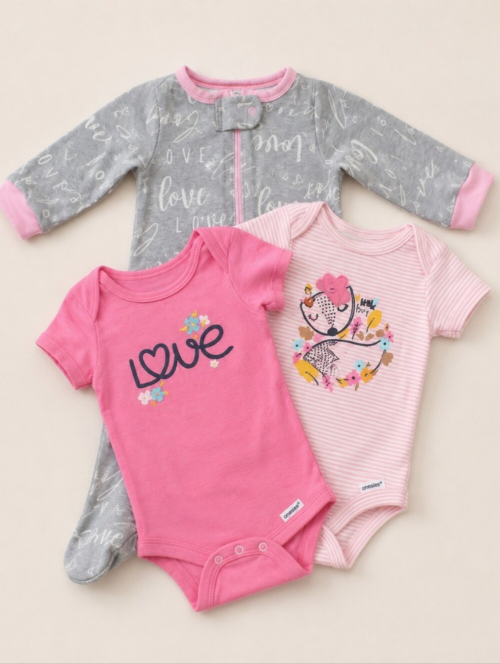 Gerber Baby Girl 3pc Bundle Pink Gray Sleepers Bodysuits Newborn Infant Woodland